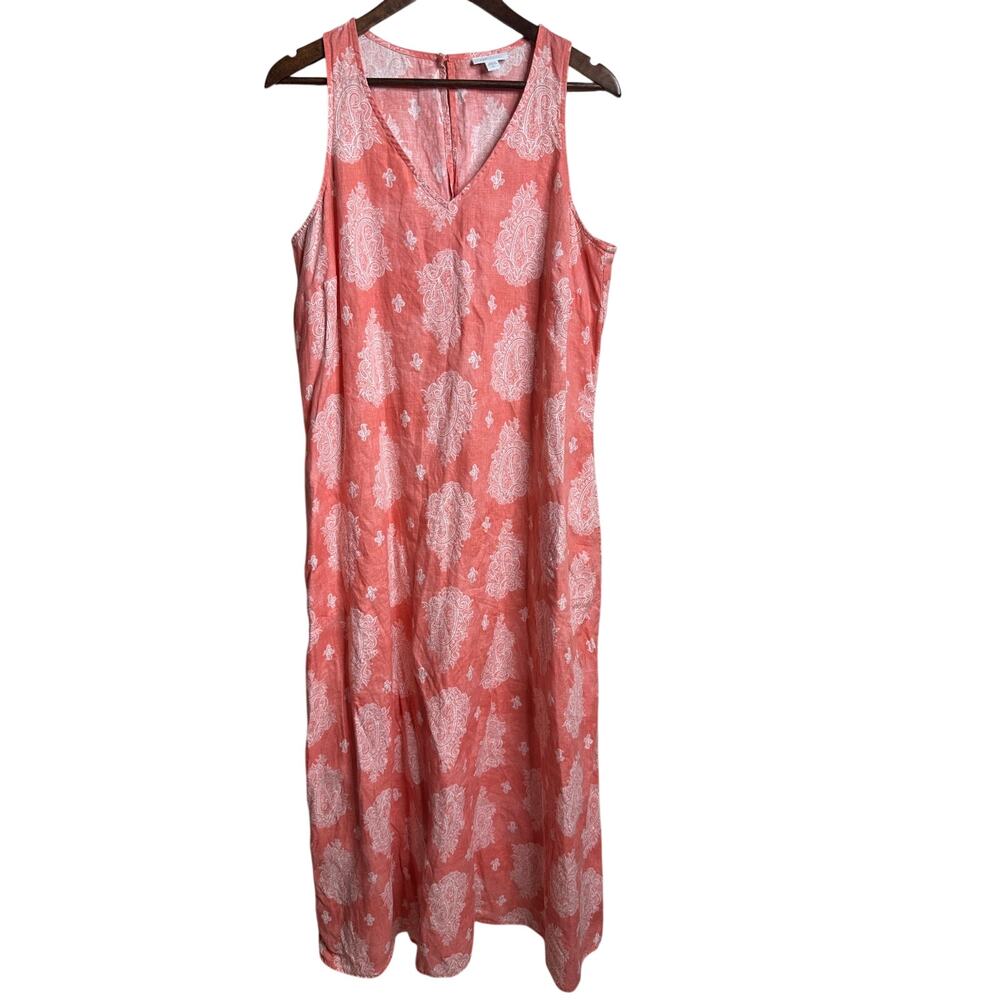 J.Jill Love Linen Coral Paisley Maxi Dress size Tall L Sleeveless Pockets